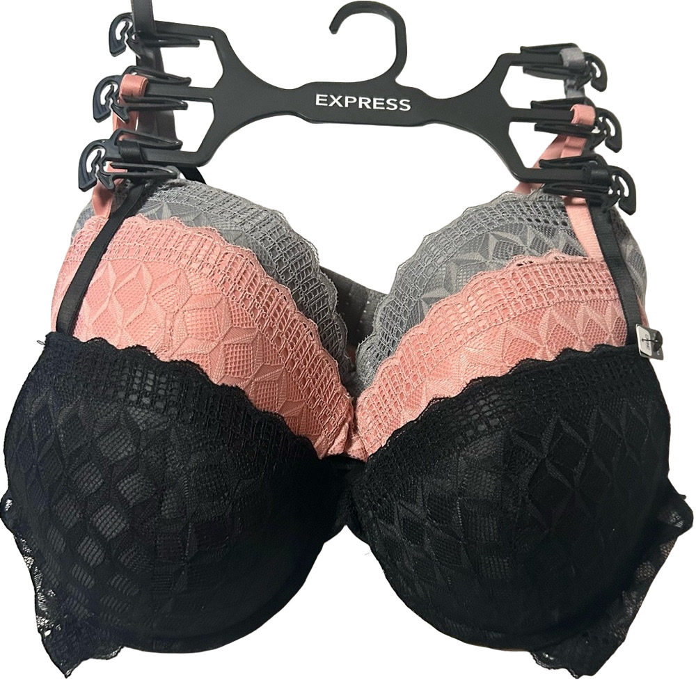 Express Woman’s 3 Pack Demo Push-Up Bra Black Grey Peach Lace Detail 36C NWT